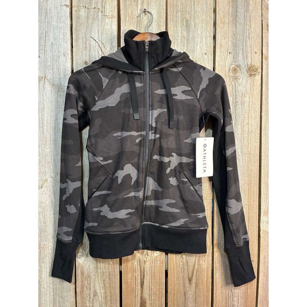 Athleta Triumph Printed Hoodie Camo Full Zip Jacket Gray Black XXS 511504